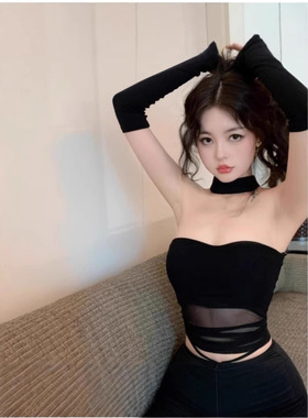 甜辣妹露背一字领T恤女纯欲性感网纱拼接抹胸上衣显瘦袖套打底衫