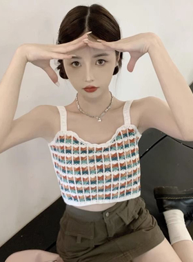 2024年新款夏季女装纯欲风复古格纹露脐短款吊带小背心外穿上衣