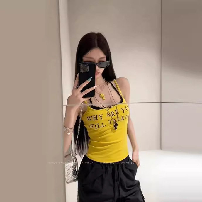 假两件原版纯棉美式辣妹吊带背心女带胸垫甜辣风纯欲打底短款2025