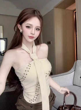 夏季纯欲辣妹重工钉珠领带性感抹胸上衣设计感小众吊带背心女外
