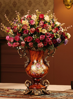 欧式高档树脂花瓶假花插花器客厅办公室酒店玄关复古花插装饰摆件