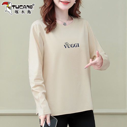 啄木鸟纯棉长袖t恤女春秋2025新