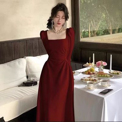 红色长袖连衣裙女春秋法式订婚礼服新娘敬酒服平时可穿红裙子长裙