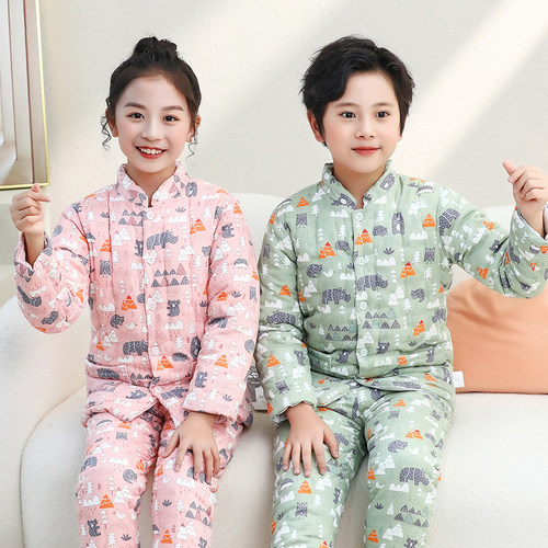 纯棉花手工中大童加厚保暖棉袄棉裤套装冬季居家外出学生装棉衣服