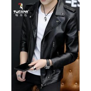 韩版 啄木鸟秋季 机车外套修身 翻领皮衣男潮流时尚 帅气皮夹克男 男装