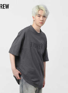 17CREW竹节棉高街简约复古字母刺绣男女同款宽松短袖T恤