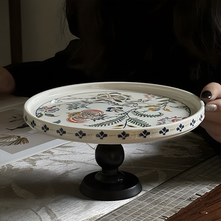 泽滕特别好看的木质高脚陶瓷零食果盘子轻奢高档客厅茶几办公室用