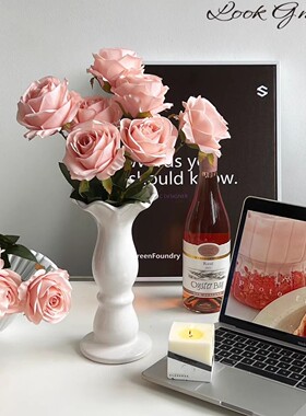 简约白色陶瓷花瓶客厅餐厅卧室桌面摆件插花装饰品仿真花假花玫瑰