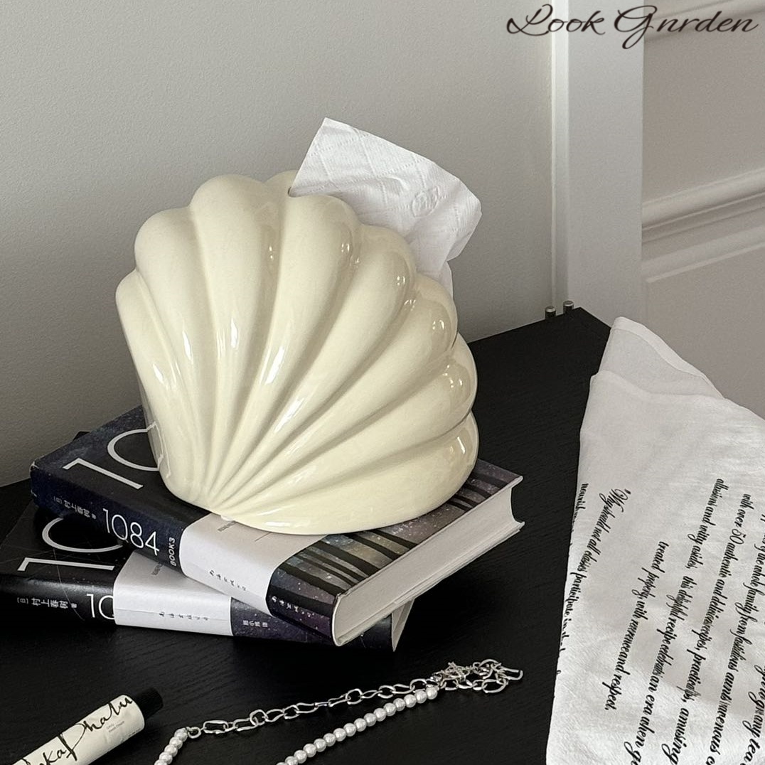 ins风陶瓷纸巾盒创意斜口贝壳抽纸盒法式桌面客厅艺术装饰摆件