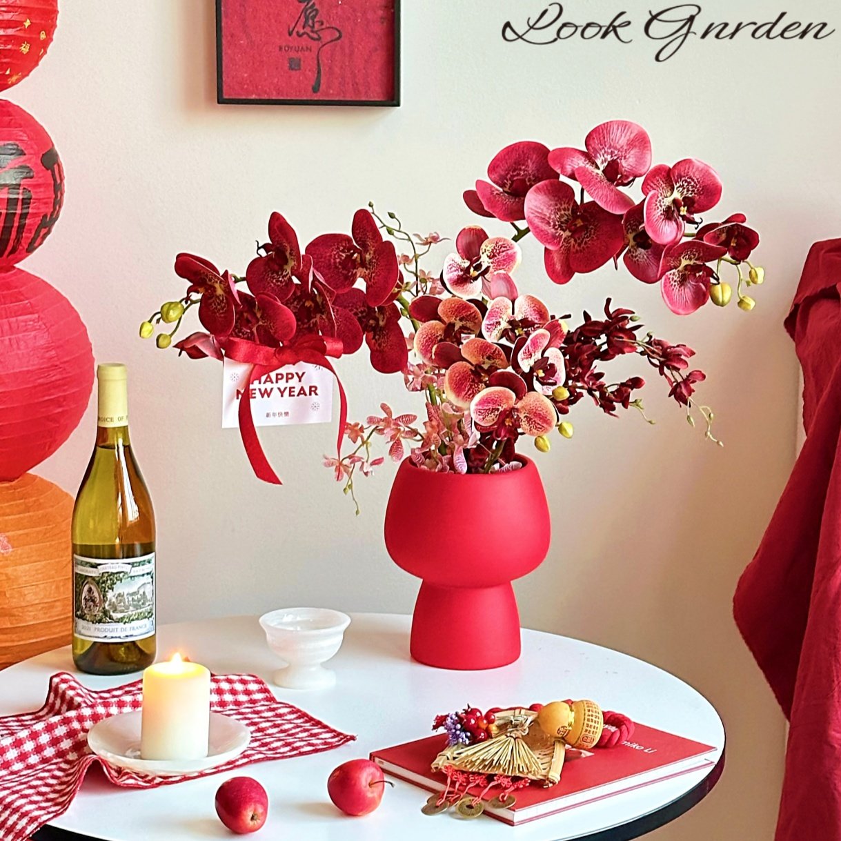 喜庆新年中式红色仿真花插花器