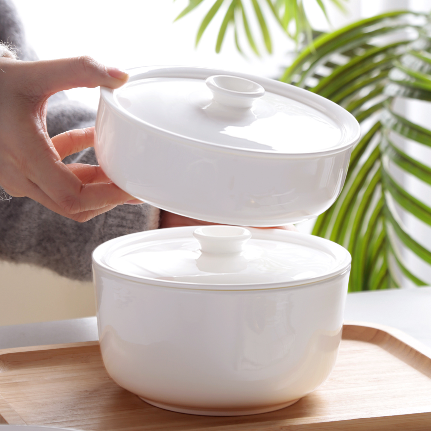 白色骨瓷陶瓷碗带盖家用微波炉碗