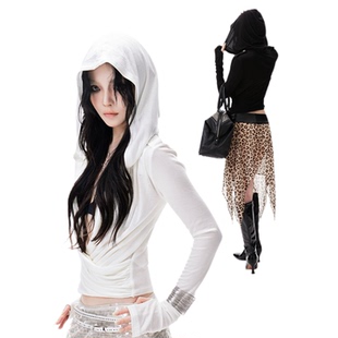 纯欲辣妹交叉荡领连帽T恤女收腰显瘦外穿长袖 0120 上衣 Common