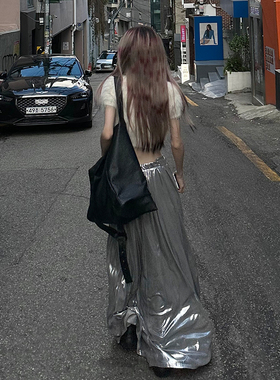 Common in 0120流光银 液态半身裙小众高级系带松紧腰半身长裙女