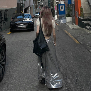 液态半身裙小众高级系带松紧腰半身长裙女 0120流光银 Common