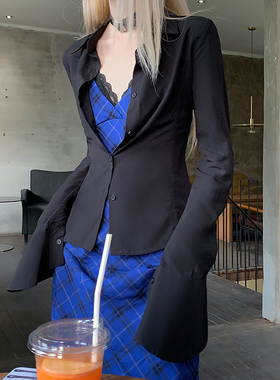 Common in 0120 巨显腰身！黑色喇叭袖衬衫防晒绑带开衫外套女