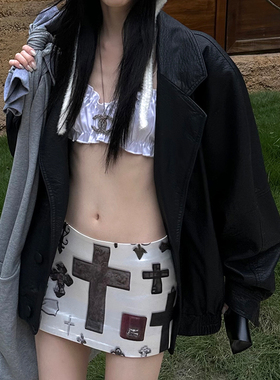 Common in 0120原创十字架印花珠光白小众辣妹A字包臀半身短裙女