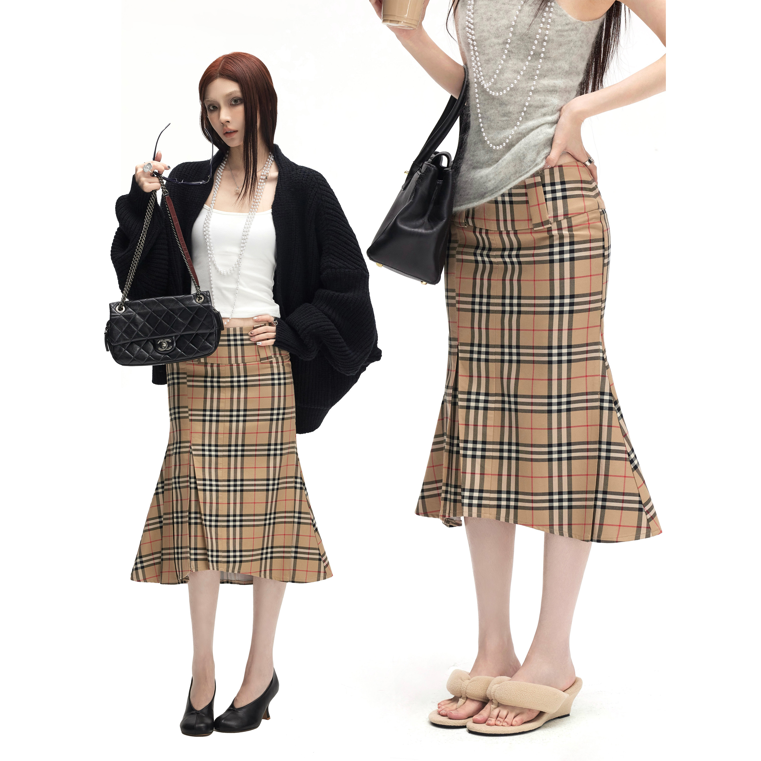 秋冬复古修身格纹鱼尾A字半身裙