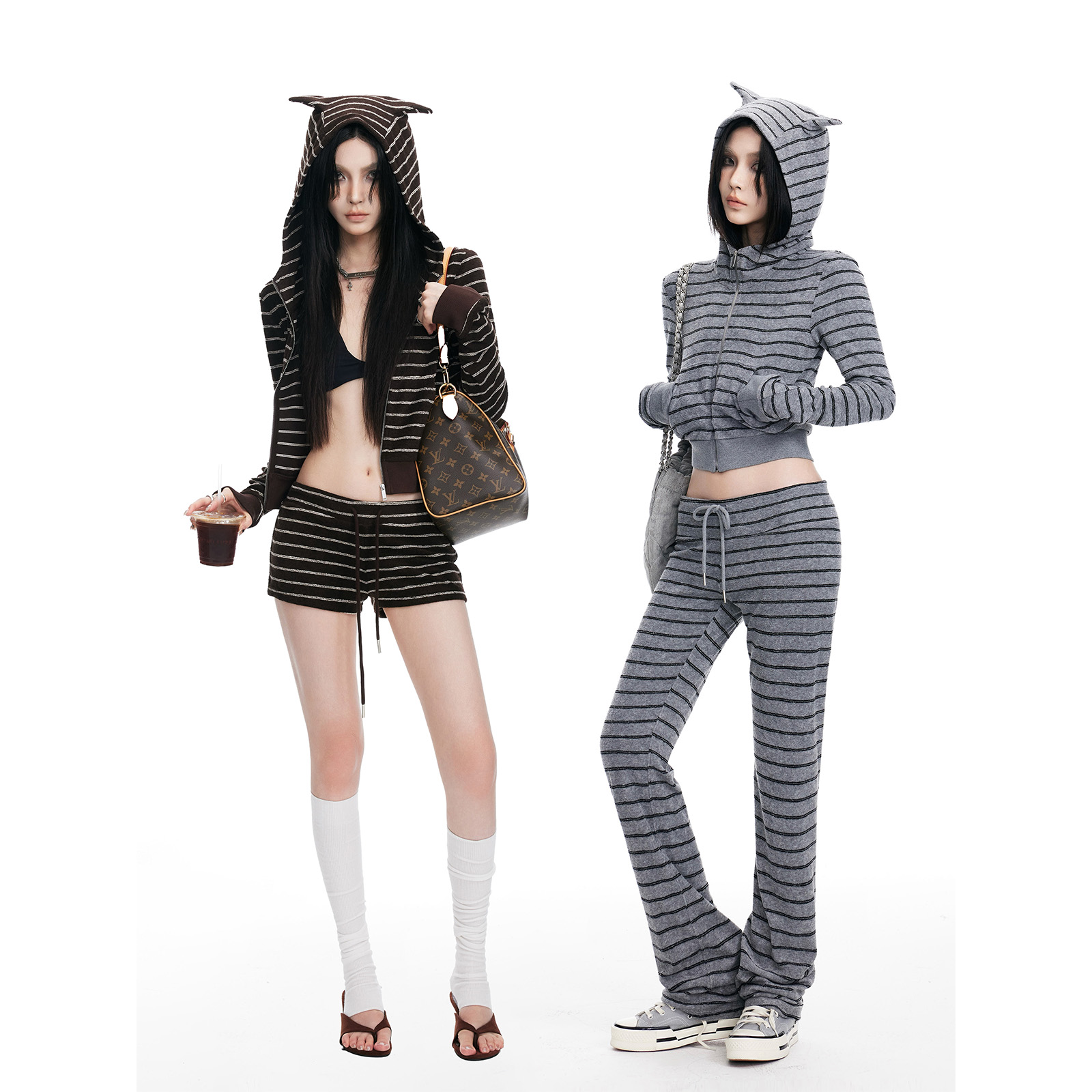条纹恶魔角连帽外套+低腰长短裤