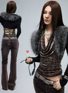 common in 0120 型不妥协 软糯毛绒短款羊毛坎肩秋冬针织拼接开衫