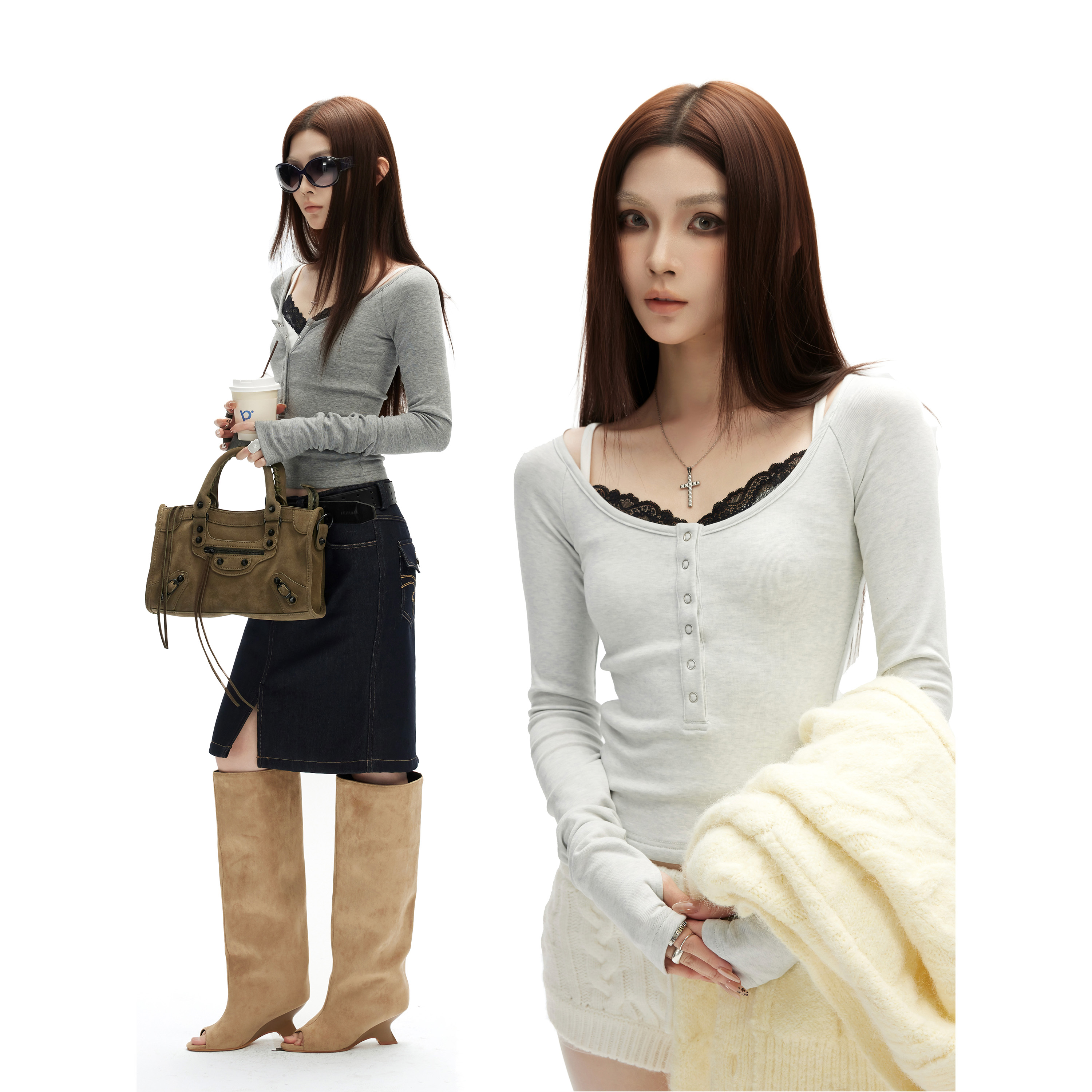 真两件内搭蕾丝背心长袖深V上衣