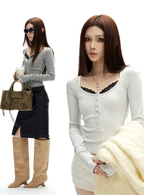 common in 0120 叠穿底抓绒辣妹蕾丝内搭背心深V亨利打底衫两件套