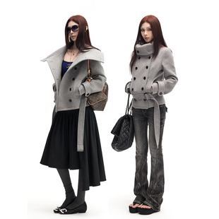 大翻领腰带双排扣毛呢高领多穿法微宽松短款 0120 外套 common