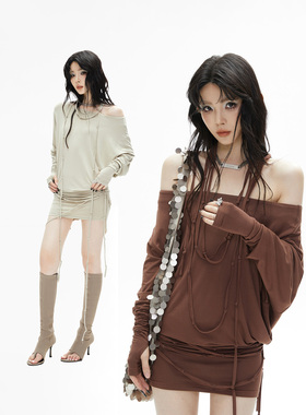 Common in 0120性感系带包臀短裙多穿法一字肩不规则蝙蝠袖连衣裙