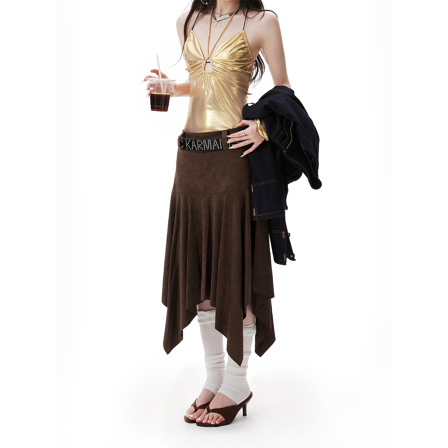 麂皮绒不规则半身裙中长款大摆伞