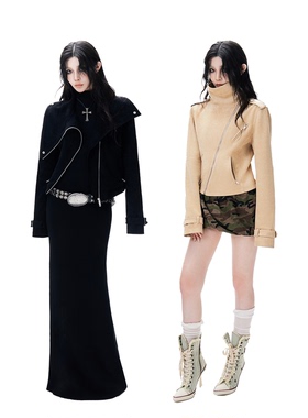 Common in 0120 美式经典酷女孩机车皮衣斜门襟麂皮显瘦夹克外套