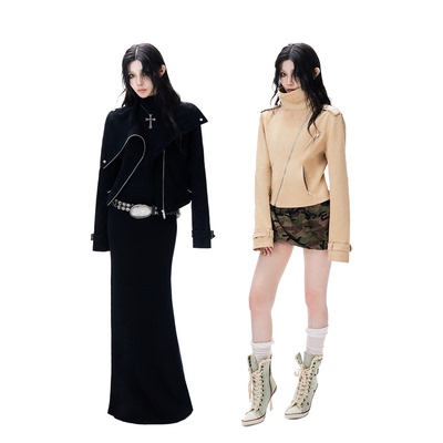 经典酷女孩机车皮衣斜门襟麂皮