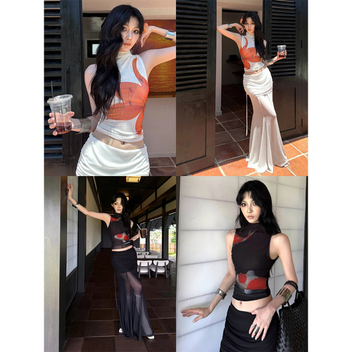 Common in 0120 性感辣妹印花短款修身T恤半高领无袖夏日上衣