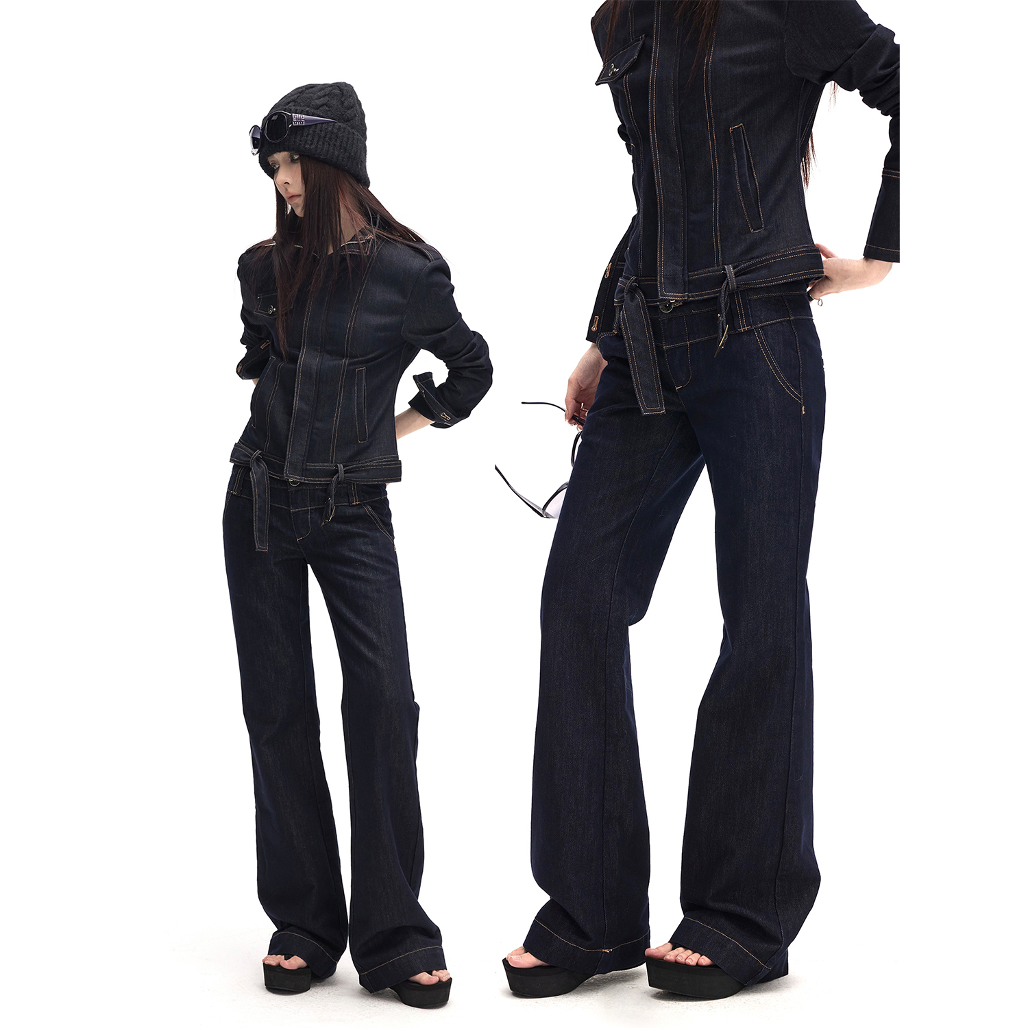 美式实色秋冬低腰直筒牛仔长裤