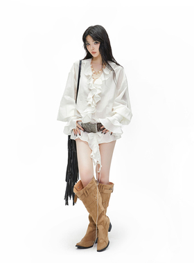 Common in 0120  法式复古V领荷叶边设计感肌理感绑带长袖衬衫