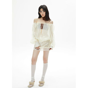 一字肩亮片绣花雪纺长袖 Common 性感透视绑带开衫 0120 短上衣