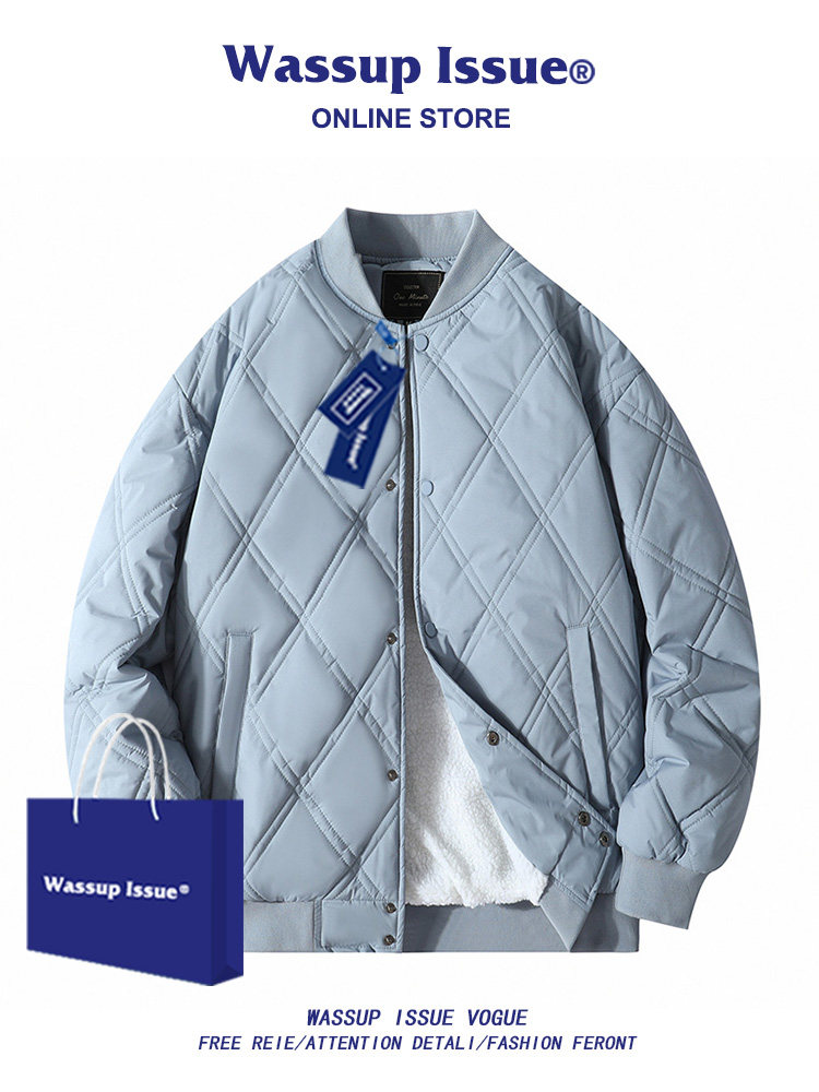 WASSUP ISSUE DIAMOND-SHAPED PLAID PADDED JACKET MENS WINTER TRENDY BRAND COUPLE PADDED JACKET VELVET THICKENED COTTON CLOTHES MEN