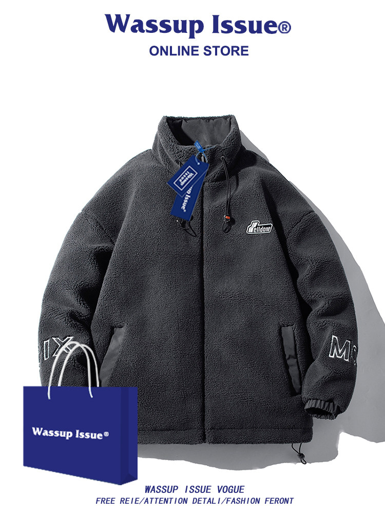 WASSUP ISSUE TRENDY BRAND LAMBSWOOL JACKET MENS COTTON JACKET FLEECE THICKENED WINTER COTTON JACKET LAMB FLEECE COTTON CLOTHING