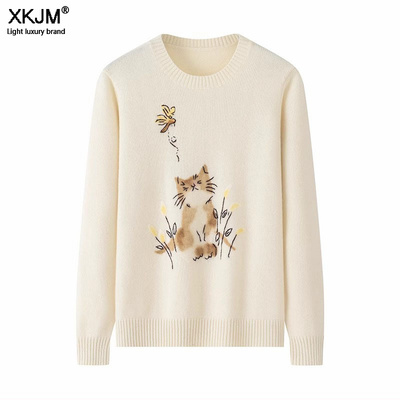 鄂尔多斯市2025秋冬新款加厚绣花保暖羊绒衫女圆领套头毛衣猫咪