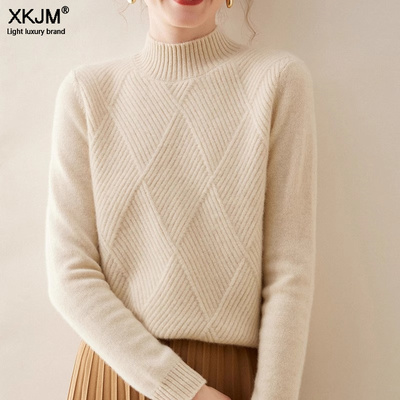 鄂尔多斯市冬季新款半高领羊绒衫女提花毛衣宽松加厚针织打底衫