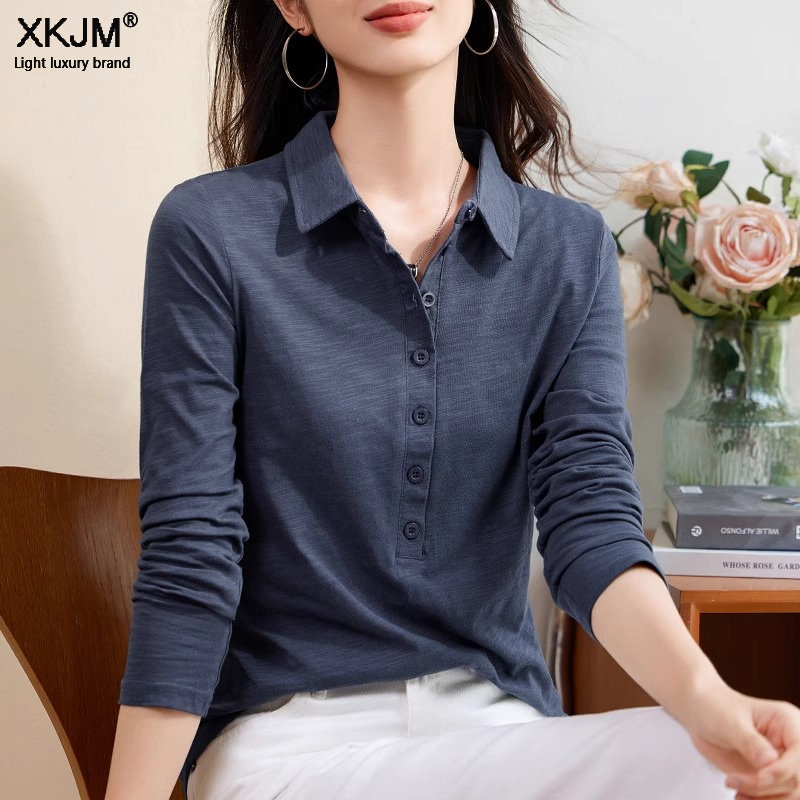 翻领纯棉POLO领长袖t恤女春装2025新款纯色纽扣打底衫上衣长袖T恤