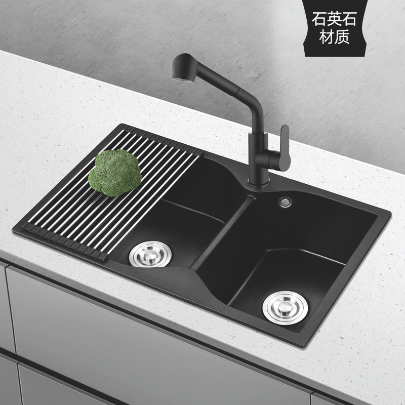 凯斯宝玛天然石英石水槽双槽厨房洗菜盆配抽拉水龙头黑色包邮