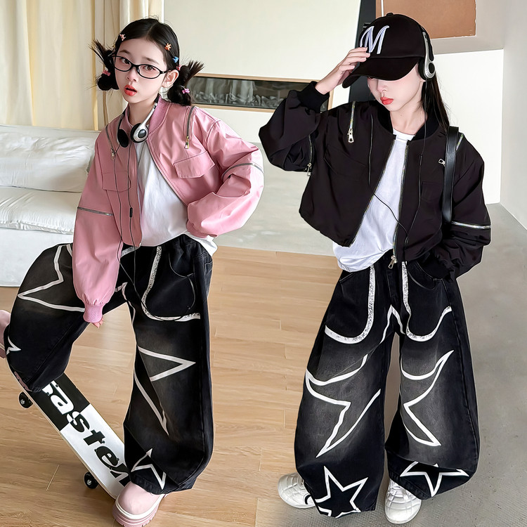 女童裤秋季新款休闲多拉链夹克衫外套潮酷五角星牛仔老爹裤棒球服