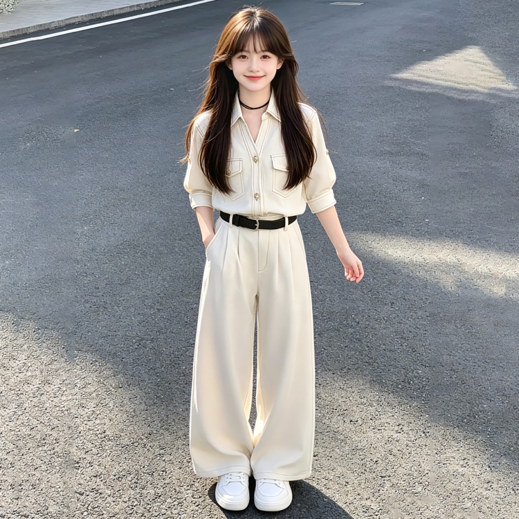 女童夏季套装2026新款韩系亚麻衬衫时髦穿搭休闲夏日阔腿裤两件套