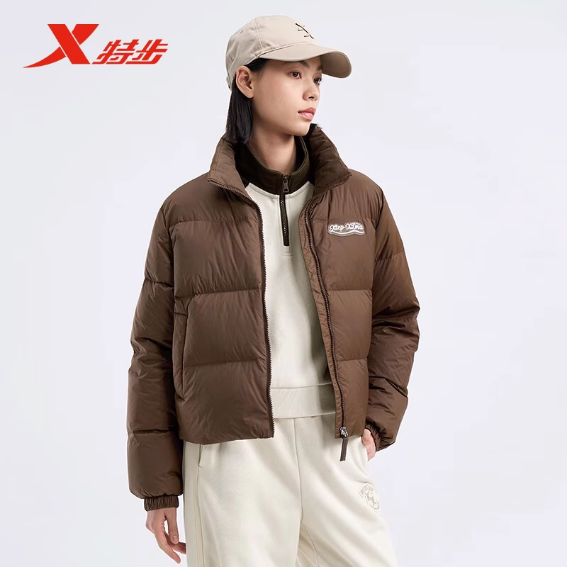 特步短款羽绒服女2024冬季新款潮流加绒加厚保暖立领运动外套棉服
