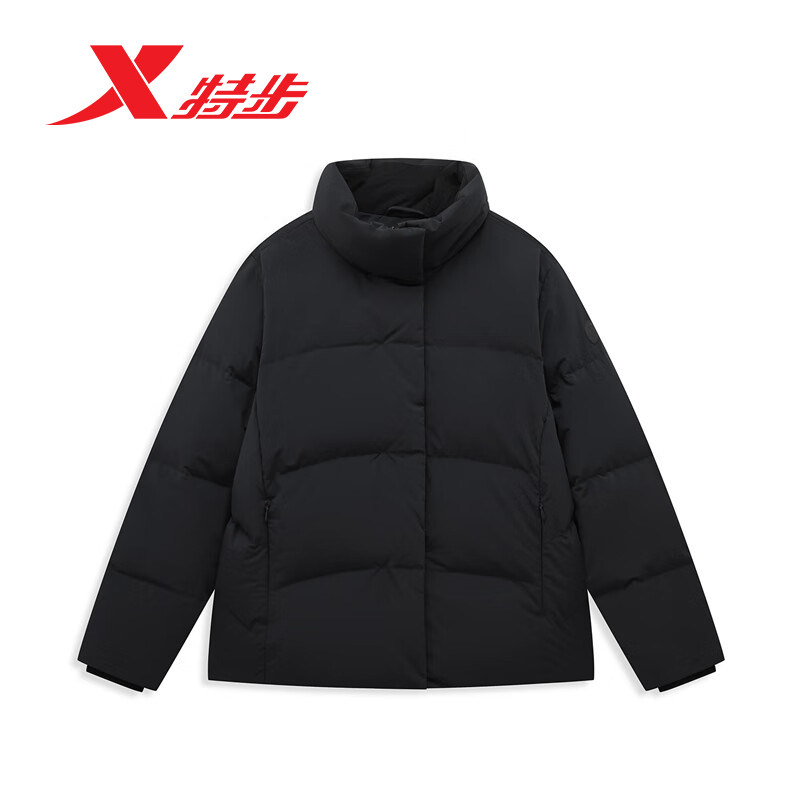 特步远红外纯色羽绒服女冬季新款三防立领加厚棉服保暖黑色外套