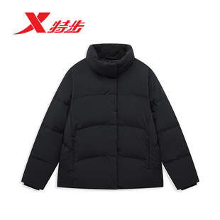 特步远红外纯色羽绒服女冬季新款三防立领加厚棉服保暖黑色外套