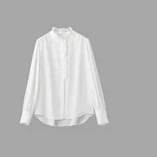 大洪官方严选店茱丽叶衬衣木耳边气质白色立领设计感纯色长袖衬衫