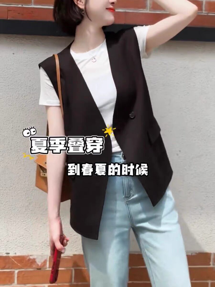【纸片人】官方经典款新黑色西装马甲女V领无袖通勤显瘦坎肩马夹