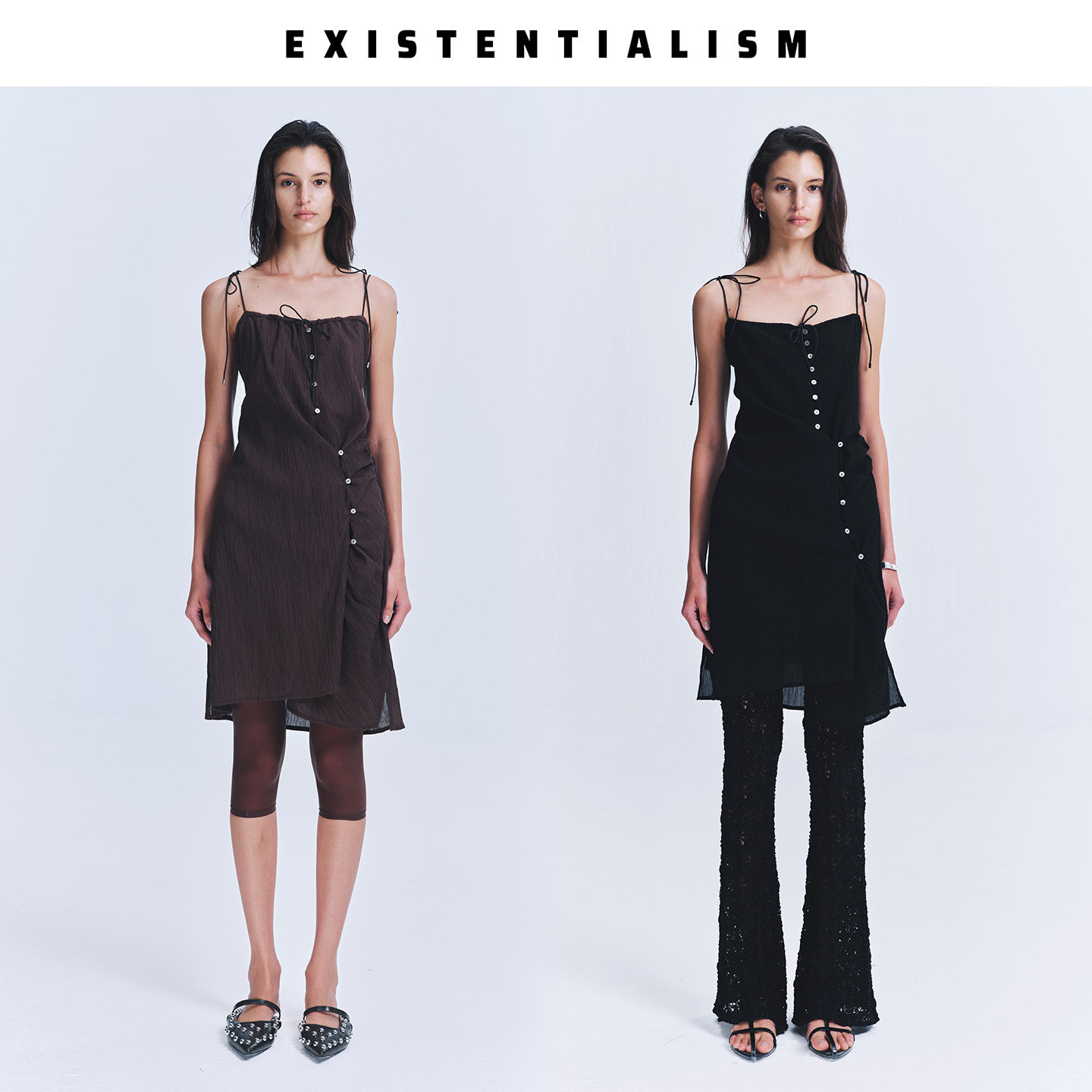 existentialism春夏复古丝绒吊带黑色修身连衣裙女设计感纽扣裙子