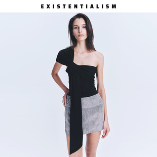 EXISTENTISLISM26SS新款半扯肩抹胸上衣女不对称飘带设计感背心