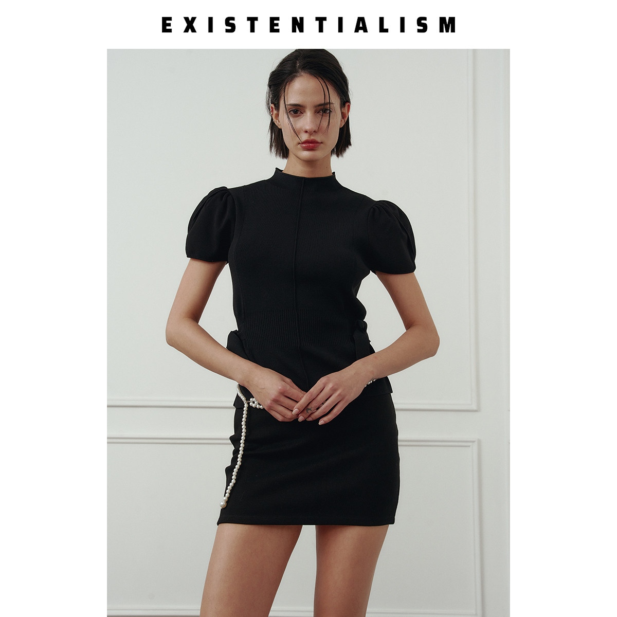EXISTENTIALISM 春夏女装泡泡袖收腰针织上衣女修身半高领短袖T恤